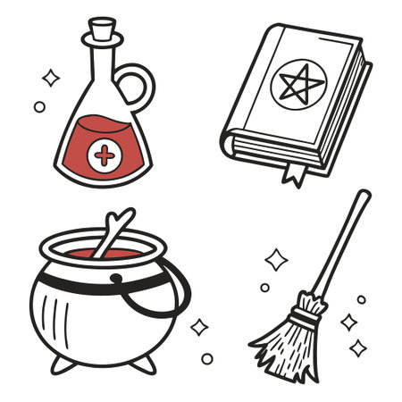 Cauldron, potion, magic book and broom. Vector illustration.のイラスト素材