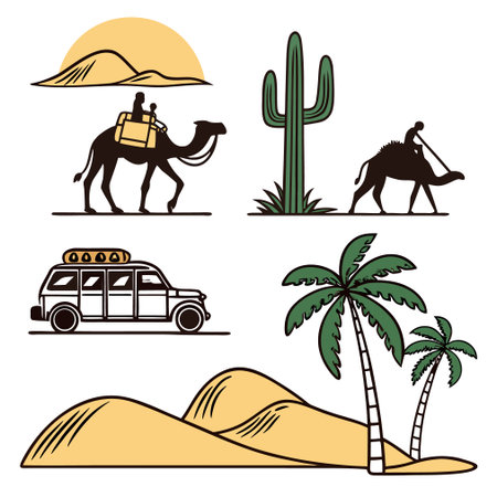 Camel, cactus, palm trees and taxi. Vector illustrationのイラスト素材