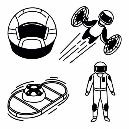 Set of black and white vector icons of astronaut, spacesuit and helmet.のイラスト素材