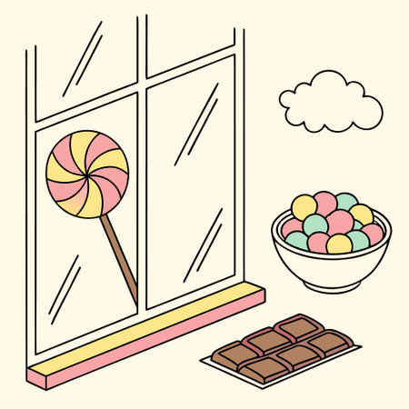 Vector illustration of a window with candies, lollipops and sweetsのイラスト素材