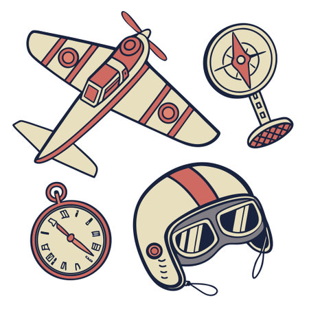 Set of vintage aviator equipment. Airplane, helmet, compass. Vector illustrationのイラスト素材