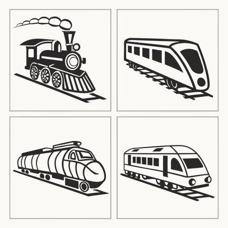 Train icon set. Vector illustration in black and white colors on a white backgroundのイラスト素材