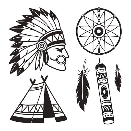Native american indian chief headdress icons set. Vector illustrationのイラスト素材