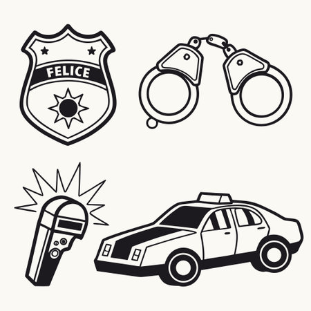 Police icons set. Handcuffs, police car, police badge, handcuffs and microphone. Vector illustrationのイラスト素材