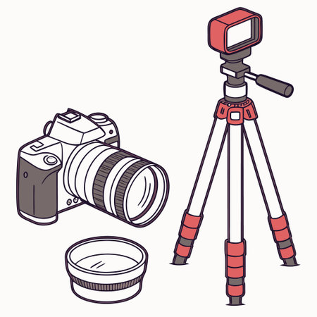 Camera and lens on tripod. Vector illustration in doodle style.のイラスト素材