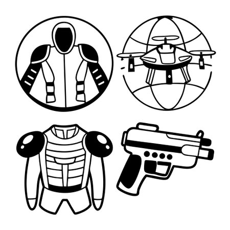 vector set of military and police icons in doodle style.のイラスト素材