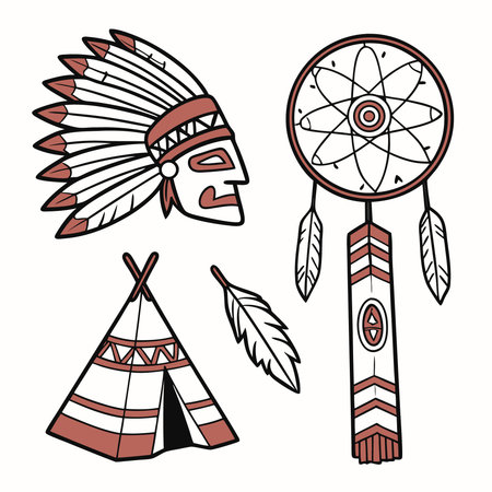 Native american indian chief hat and wigwam vector setのイラスト素材
