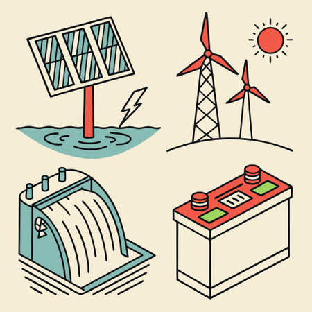 Solar energy icons set, solar panel, wind turbine, solar battery, solar cell, solar panel, solar power plant, windmill, solar panel, wind generator, vector illustrationのイラスト素材