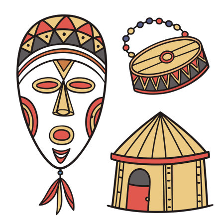 Set of ethnic masks. Vector illustration. Isolated on white background.のイラスト素材