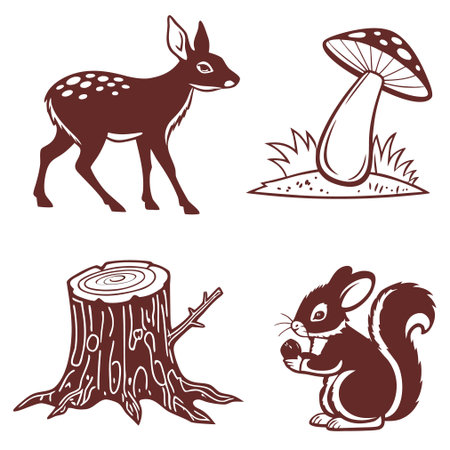 set of forest animals, deer, squirrel, mushroom, squirrel, hareのイラスト素材