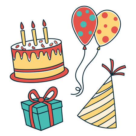Set of birthday icons. Vector illustration in doodle style.のイラスト素材