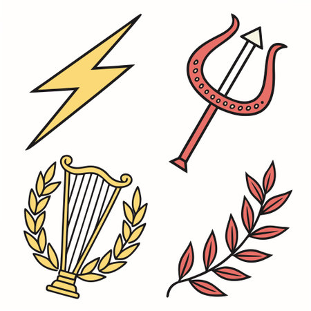 Set of vector icons for the design of a musical instrument, a harp, a pentagram, a laurel wreath.のイラスト素材