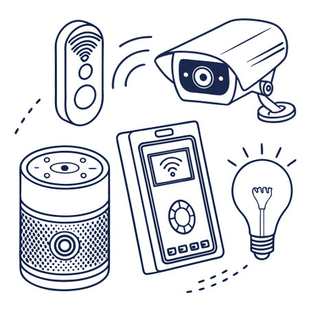 Vector illustration of security camera, smart speaker, light bulb and remote control.のイラスト素材
