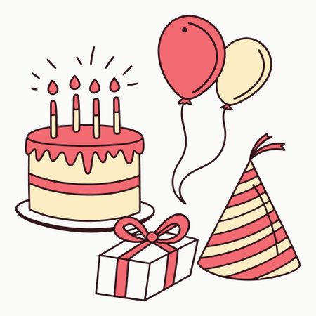 Birthday set with cake, gift box and balloons. Vector illustration.のイラスト素材