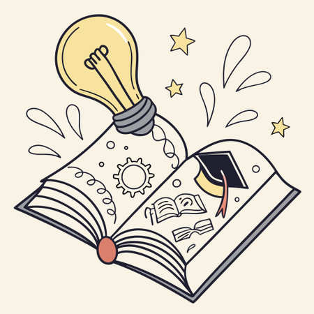 Hand drawn vector illustration of open book with lightbulb and graduation capのイラスト素材