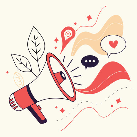 Megaphone with speech bubbles and leaves. Flat vector illustration.のイラスト素材