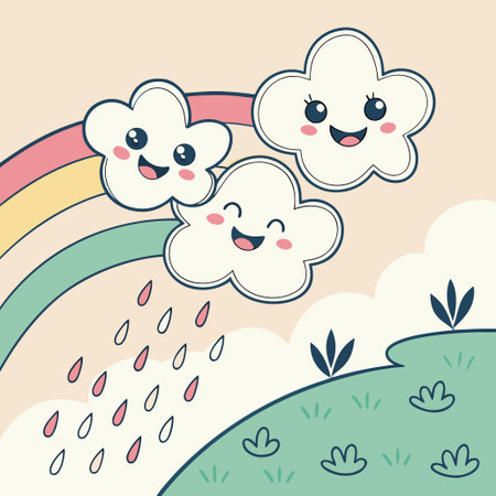 Rainbow with clouds and raindrops. Cute cartoon illustration.のイラスト素材