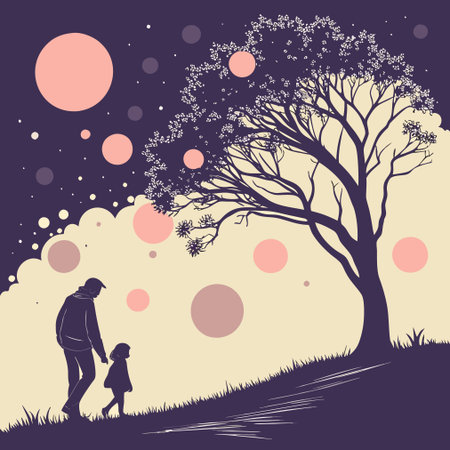 Father and daughter walking in the park at sunset. Vector illustration.のイラスト素材