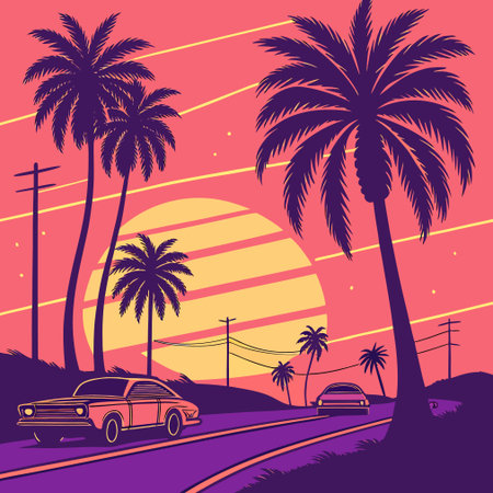 Vintage car on the road with palm trees and sunset, vector illustrationのイラスト素材