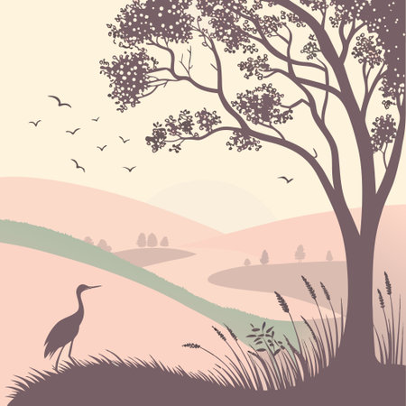 Vector landscape with silhouettes of trees, grass and birds. Nature background.のイラスト素材