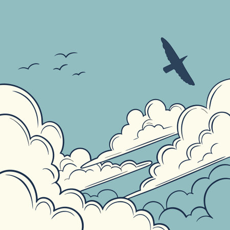 Seagull flying over the clouds. Vector illustration in retro styleのイラスト素材