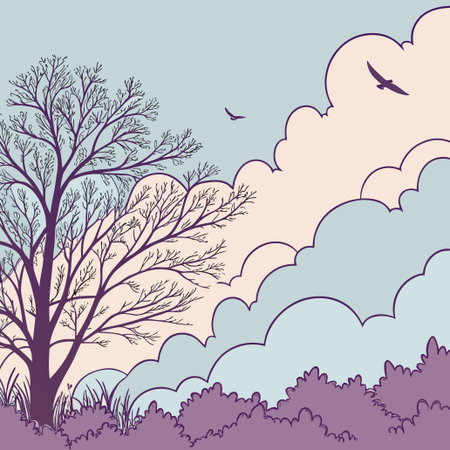 Vector illustration of a tree in the forest with birds and clouds.のイラスト素材