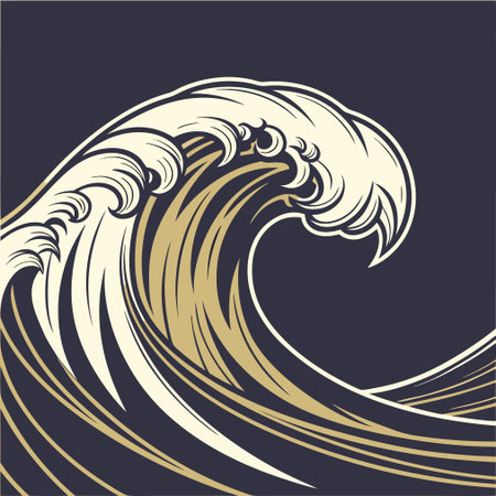 Vector illustration of a sea wave on a dark background. Design element.のイラスト素材