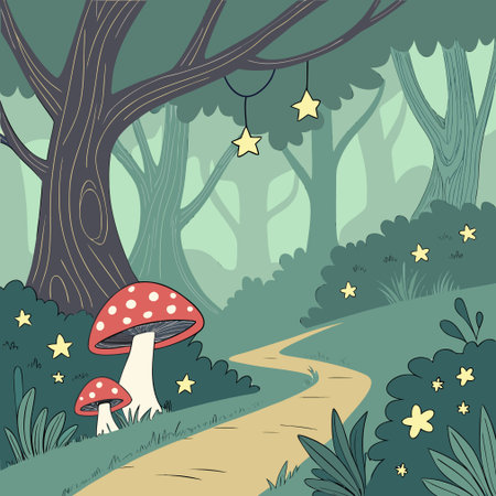 Vector illustration of a forest landscape with a path and a mushroom.のイラスト素材