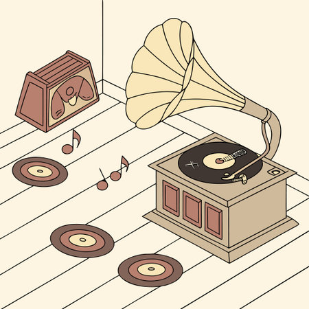 Retro gramophone and vinyl records on the floor. Vector illustrationのイラスト素材