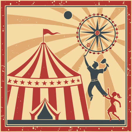 Circus poster in retro style with circus performers, vector illustration.のイラスト素材