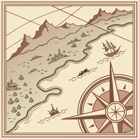 Nautical background with mountains, compass and ships. Vector illustration.のイラスト素材