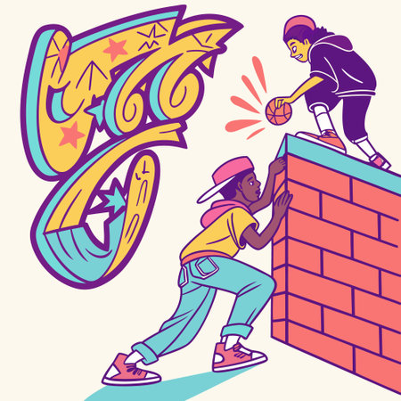 Illustration of a Teenage Boy Playing Basketball on a Brick Wallのイラスト素材