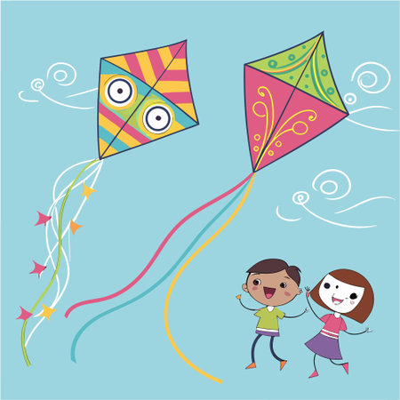 cute kids with kite over blue background. vector file.のイラスト素材