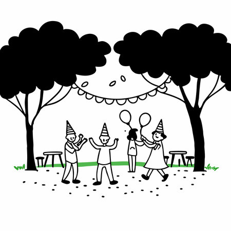 Cute children playing in the park. Vector illustration. Black and white.のイラスト素材
