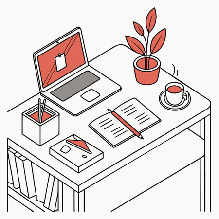 workplace with laptop, coffee cup, notebook and plant vector illustration graphic designのイラスト素材