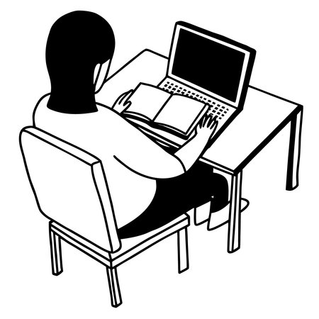 young man with laptop and books in the table vector illustration designiconのイラスト素材