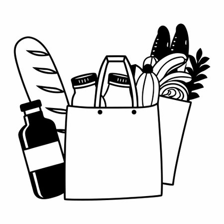 Grocery bag and bottle design, Food shopping online ecommerce market retail and buy theme Vector illustrationのイラスト素材