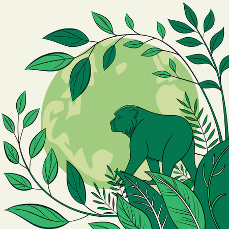 Illustration of a monkey on the background of the planet. Vector illustrationのイラスト素材