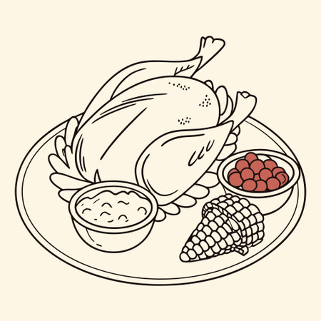 Vector illustration of a roasted turkey on a plate with vegetables and sauce.のイラスト素材