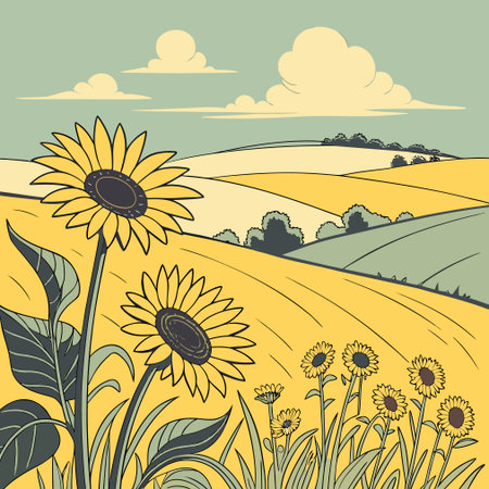 Sunflowers in the field. Summer landscape. Vector illustration.のイラスト素材