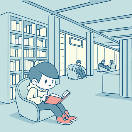 Illustration of a boy reading a book while sitting in the libraryのイラスト素材