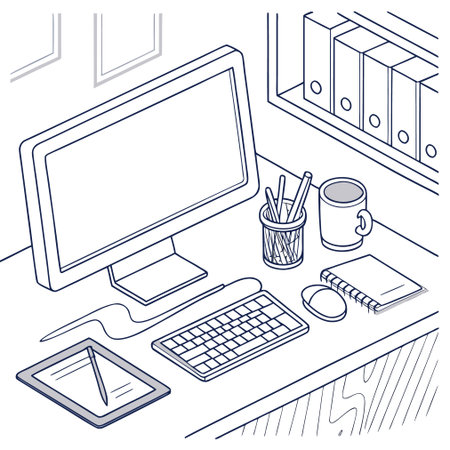 Office workplace isometric 3d line art vector illustration. Workplace with computer, coffee cup, notepad and other items.のイラスト素材