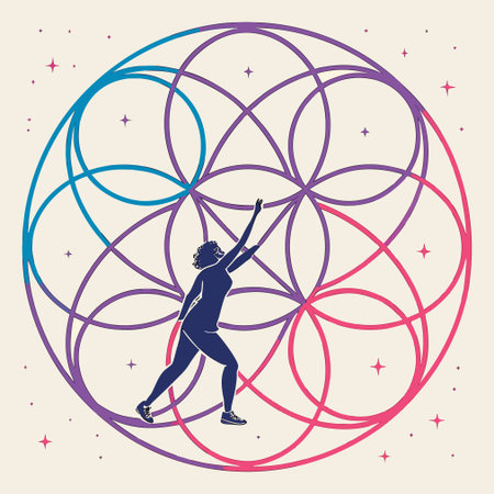 Woman doing gymnastics in a circle of colored circles. Vector illustrationのイラスト素材