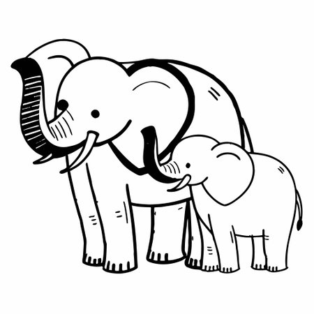 Black and White Cartoon Illustration of Mother Elephant with Baby Elephant Animalのイラスト素材