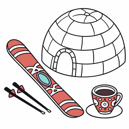 Igloo with cup of coffee and skis. Vector illustration.