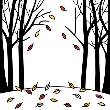 Autumn landscape with trees and falling leaves. Black and white vector illustration.のイラスト素材