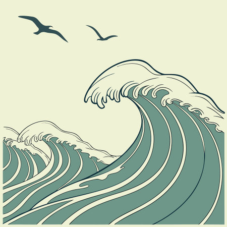 Sea wave and seagulls. Vector illustration for your designのイラスト素材
