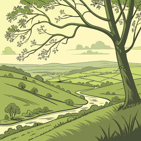 Landscape with a river and a tree in the foreground, vector illustrationのイラスト素材