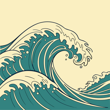 Vector illustration of a wave on a yellow background. Hand-drawing.のイラスト素材