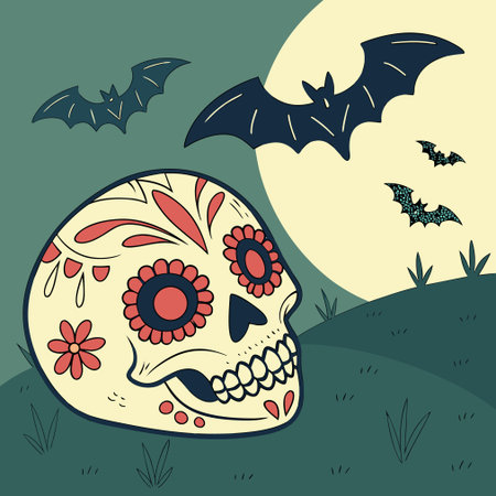 Day of the dead. Vector illustration of a skull with flowers and batsのイラスト素材